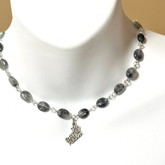 Genuine Grey Tourmalinated Quartz Short Necklace,Gemstone & Cat Person Paw Print - Picture 2 of 14